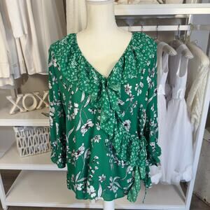 Cato Women's Size L Green Floral Ruffle Front Pullover V Neck Blouse #3427